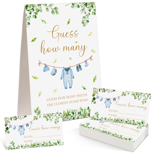 Blue Clothes Guess How Many Baby Shower Game Pack of 1 Tabletop Sign with Stand and 50 How Many Cards, Eucalyptus Gender Reveal Party Game Decorations - style: Eucalyptus