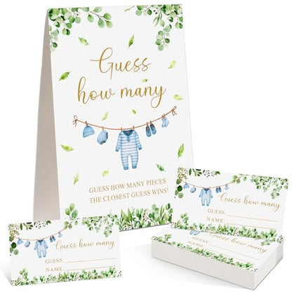 Blue Clothes Guess How Many Baby Shower Game Pack of 1 Tabletop Sign with Stand and 50 How Many Cards, Eucalyptus Gender Reveal Party Game Decorations - style: Eucalyptus