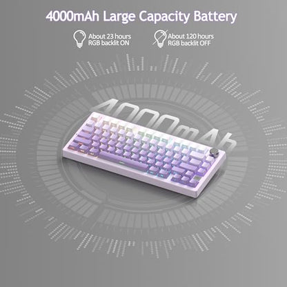 MageGee LIGHT75 Wireless Creamy Keyboard, Tri-Mode Bluetooth/2.4GHz/USB-C RGB Backlit, Gasket Hot Swappable Custom Gaming Keyboard for Win/Mac/PC, with Knob, Side Printed PBT Keycaps, Purple - color: White Purple/Purple Bird Switch