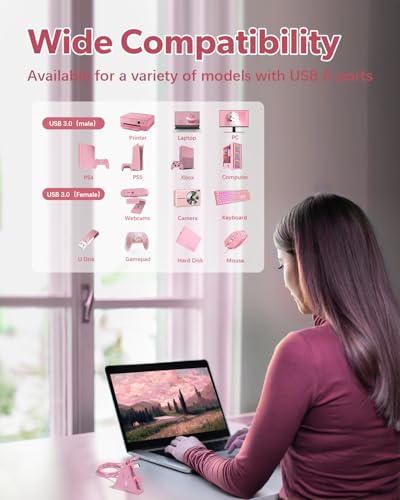 4-Port USB 3.0 Hub, FlyingVHUB Vertical Data USB Hub with 2 ft Extended Cable, for Mac, PC, Xbox One, PS4, PS5, iMac, Surface Pro, XPS, Laptop, Desktop, Flash Drive, Mobile HDD(Pink) - color: Pink-A