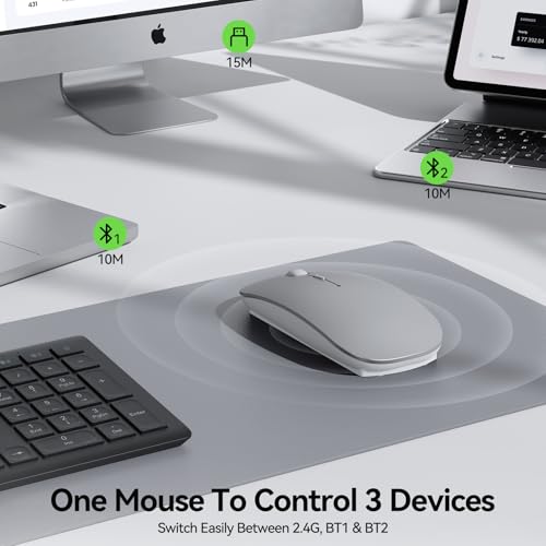 TECKNET Wireless Mouse, 4800 DPI Rechargeable Bluetooth Mouse for Laptop | Bluetooth 5.2/3.0 & 2.4G, Ultra-Thin, 6-Level Adjustable 4800 DPI Computer Mouse for Mac OS, iPad, Windows, Android - color: silver