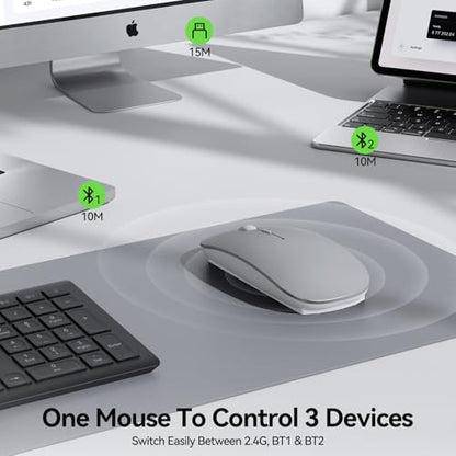 TECKNET Wireless Mouse, 4800 DPI Rechargeable Bluetooth Mouse for Laptop | Bluetooth 5.2/3.0 & 2.4G, Ultra-Thin, 6-Level Adjustable 4800 DPI Computer Mouse for Mac OS, iPad, Windows, Android - color: silver