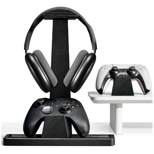 UPERGO Headphone and Headset Stand with Controller Holders Gamer Gifts | Solid Wood, Holds 2 Controllers, Storage Tray for Gaming Room Decor, Compatible with PS5 and Xbox - color: Black