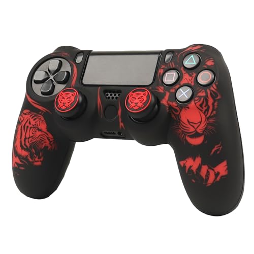 RALAN Tiger HeadDesign Controller Skin Cover with 2 Thumb Grips Compatible with PS4/Playstation 4 Slim/Pro Controller - color: Tiger Head Black Red