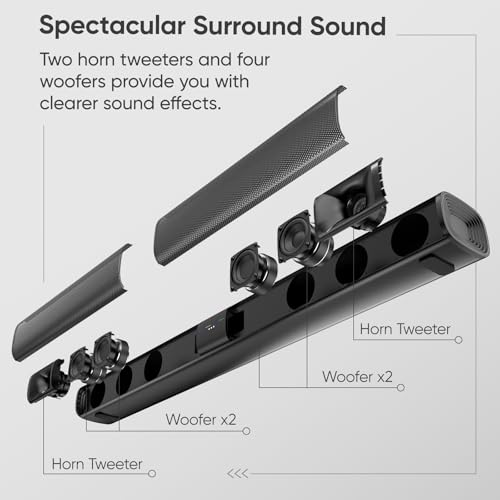 Sound Bar for Smart TV, 80W Soundbar with Four Woofers, Dual Horn Tweeters, 2.0 Channel TV Speaker, 2 in 1 Detachable Design, BT/ARC/AUX/Optical Connection, Surround Sound System for TV - size: 31 Inch