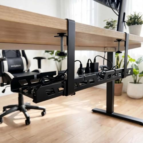 Under Desk Cable Management Tray 15.3-23.6 Inches Bidirectional Extendable Metal Cable Organizer with Clamp Mount, No Drill Wire Management System for Home Office & Gaming Desk(Black) - color: black