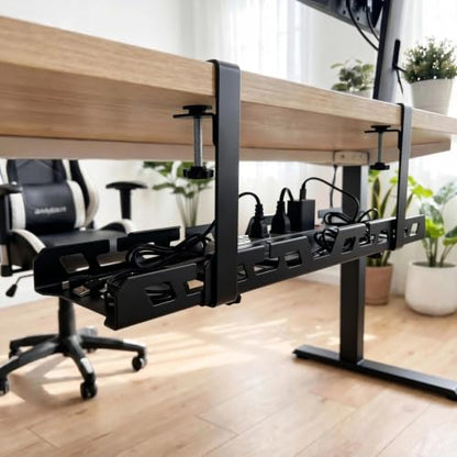 Under Desk Cable Management Tray 15.3-23.6 Inches Bidirectional Extendable Metal Cable Organizer with Clamp Mount, No Drill Wire Management System for Home Office & Gaming Desk(Black) - color: black