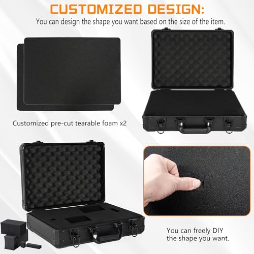 15 Inch Aluminum Carrying Case 15 X 11 X 4.3 Inch Ideal for Microphone & Camera Gear Transportation, DJ Mixer Case with Customizable Pre-Diced Foam, Black - size: Inner：14.5''X 10.5 X 5.5''