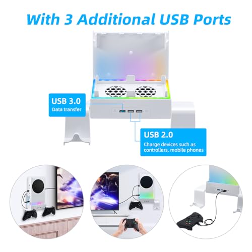 Mcbazel Wall Mount for Xbox Series S, Wall Mount Kit Accessories with Dual Cooling Fans & RGB Light, 3-Speed Adjustable Stand, Extra USB Ports, 2 Controller Holder for Xbox Series S Console - White