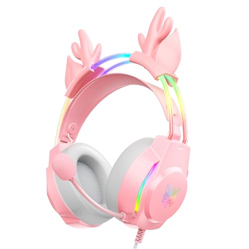 Gaming Headset with Microphone, Deer Ears Headphones for PC Laptop PS4 PS5 Xbox Switch, Rainbow RGB Lighting & Virtual Surround Sound, 3.5mm Over Ear Headphones, Ergonomic - color: Pink Deer Ear
