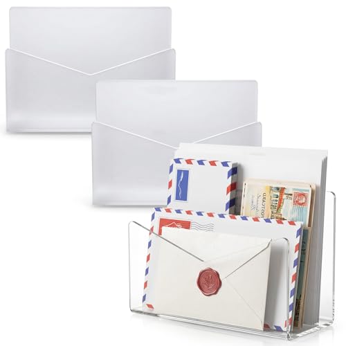 Maitys 3 Pcs Acrylic Mail Letter Organizer Countertop 6 x 2.5 x 4 Inches Clear Mail Postcard Holder Stand Greeting Card Display Rack Document Envelope Home Office School
