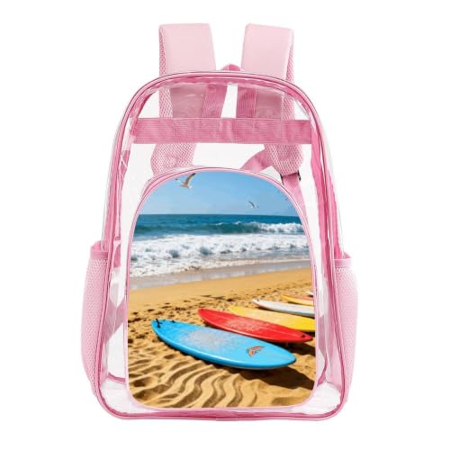 16" Clear Backpack Waterproof Stadium Bag for Security | Beach Surfboard, Transparent Backpack Stadium Events, Heavy Duty Bookbag, See Through Bag for Sports Festivals Travel - color: Pink