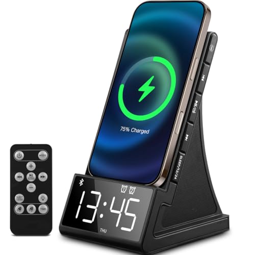 8-in-1 Wireless Charging Station with Bluetooth Speaker, Alarm Clock,FM Radio,Remote Control,Fast Charging Dock Compatible with iPhone 17/16/15/14, Samsung S25/S24,Android Phones