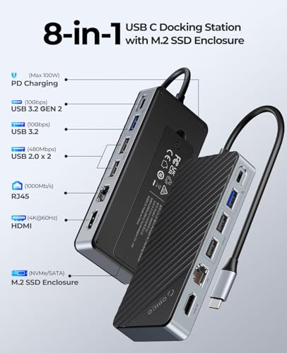 ORICO USB-C Hub with M.2 SSD Enclosure, 8-in-1 USB C Docking Station Fits M.2 NVMe/SATA SSD, 10Gbps, 4K@60Hz HDMI, 100W PD, Ethernet - OM28PR - style: with RJ45
