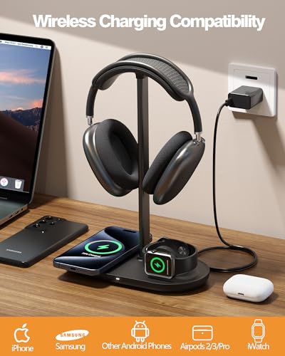 HiWe Headphone Stand, 2-in-1 MagSafe Wireless Charger for iPhone/iWatch | Headset Holder for All Headphones, Aluminum Alloy Bar, ABS Solid Base, PU Headrest, Table Desk Organizer - color: Black