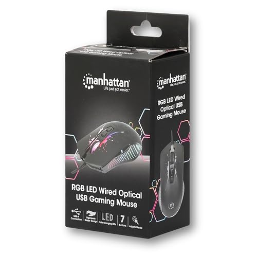 MANHATTAN RGB LED Wired Optical USB Gaming Mouse - 7200 DPI, Ergonomic Shape, 7 Buttons, Color-Changing LEDs, Low-Friction Base, Computer Mouse for Laptop, Extra-Long Braided Cable - 190121 | DPI USB pointer with seven controls, RGB lighting, smooth glide