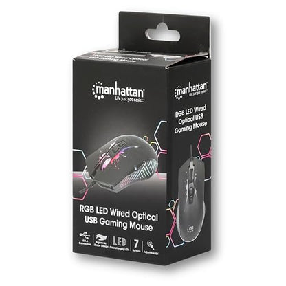 MANHATTAN RGB LED Wired Optical USB Gaming Mouse - 7200 DPI, Ergonomic Shape, 7 Buttons, Color-Changing LEDs, Low-Friction Base, Computer Mouse for Laptop, Extra-Long Braided Cable - 190121 | DPI USB pointer with seven controls, RGB lighting, smooth glide