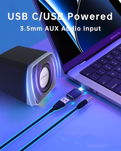Uakinat PC Speakers 2"–6W Carbon Fiber Computer Speaker for Desktop or Laptop PC,USB C/USB-Powered,Crystal Clear Sound,Rich Bass,Loud Volume,Direct Control,Plug-N-Play,Black-Silver