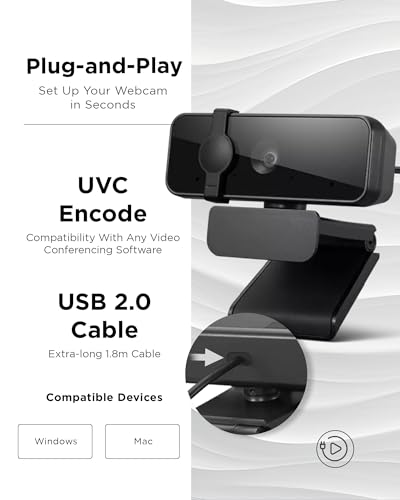 Lenovo Essential Full HD 1080P Webcam, Dual Microphone, No Driver 1.8m USB 2.0, Wide-Angle, Tilt-Control, 360-Degree Rotation, Black - style: 1080P