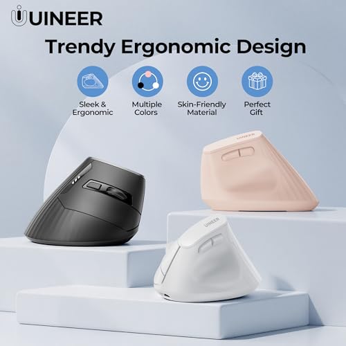 Uineer Ergonomic Vertical Mouse, 2.4G Wireless Mouse, Rechargeable, 4-DPI | Right-handed vertical design with 2.4G USB-A connection, rechargeable battery and visible battery level. - color: Black