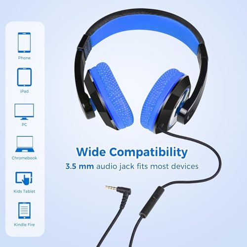 rockpapa Comfort+ Kids Headphones with Microphone, Boys Girls Student Over-Ear Headphones Wired Foldable for School Classroom Laptop PC Computer Tablet Black/Blue+Pink - color: Blue/Black/Pink
