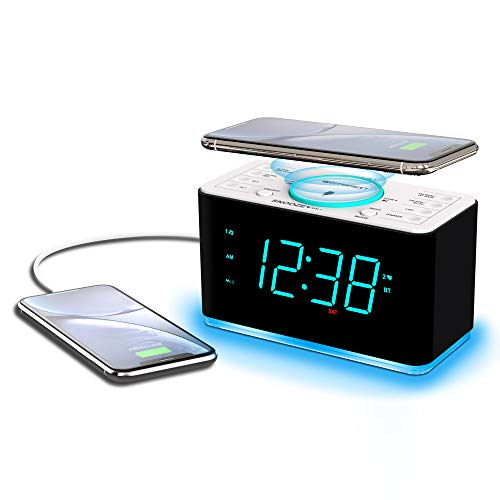 Emerson ER100401 Smartset 15Watt Ultra Fast Wireless Charging Dual Alarm Clock Radio with Bluetooth Speaker, USB Charger, Cyan LED Night Light and 1.4" Display - style: ER100401