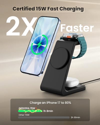 Magsafe Wireless Charging Station for iPhone: 3 in 1 15W Magnetic Portable Desktop Charging Station for iPhone17/16/15/14/13/12 Series, Apple Watch, AirPods 4/3/2/Pro - color: Matte Black