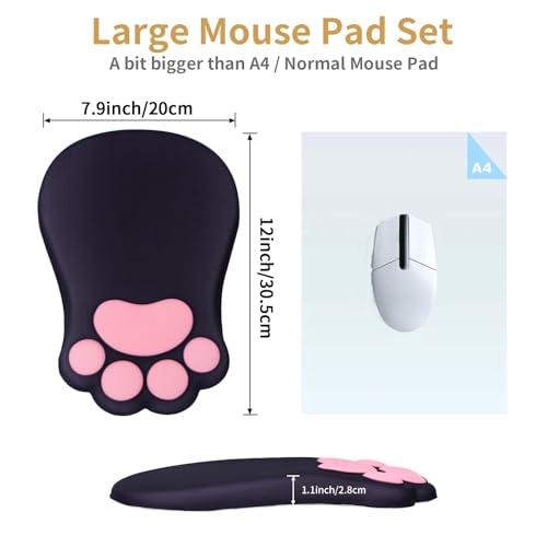 L-SPOUTTO Ergonomic Mouse Pad with Wrist Rest,Black Mouse Pad Wrist Support | Cute Cat Paw Comfortable Massage Design,Computer Pain Relief Mousepad with Non-Slip PU Base for Desk Laptop Gaming - color: Black