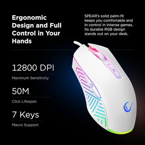 Rampage Spear V2 White Wired Gaming Mouse with RGB Lighting – 12800 DPI, 7 Programmable Buttons, Lightweight Ergonomic Gaming Mouse for PC/Mac/Laptop Gamers - color: White