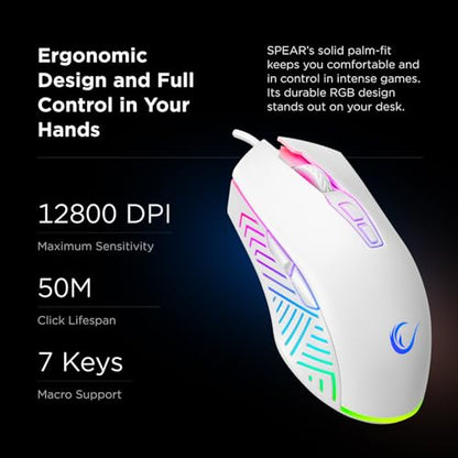 Rampage Spear V2 White Wired Gaming Mouse with RGB Lighting – 12800 DPI, 7 Programmable Buttons, Lightweight Ergonomic Gaming Mouse for PC/Mac/Laptop Gamers - color: White