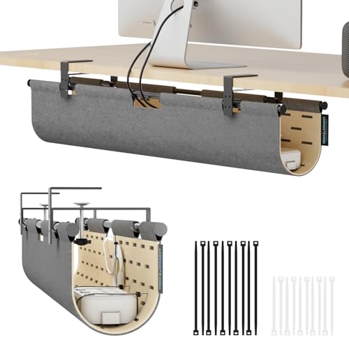 No Drill Under Desk Cable Management Tray,30" Felt Cord Organizer for Table | Clamp or Screw Mount, Converts to Privacy Panel, Pegboard Design, Wire Management for Standing Desk & Home Office - size: 30"-Grey