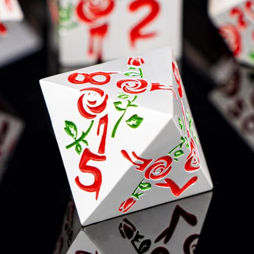 Gothic DND Dice Set Bleeding Rose Metal D and D Dice for use with Dungeons Dragons D&D Role Playing Game, Red RPG Polyhedral Dice Set D20 D12 D10 D8 D6 D4 - color: Red&silver&red Numbers