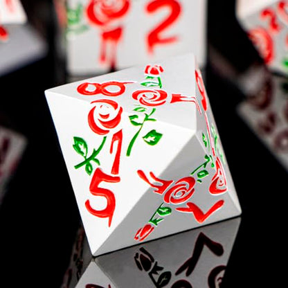 Gothic DND Dice Set Bleeding Rose Metal D and D Dice for use with Dungeons Dragons D&D Role Playing Game, Red RPG Polyhedral Dice Set D20 D12 D10 D8 D6 D4 - color: Red&silver&red Numbers