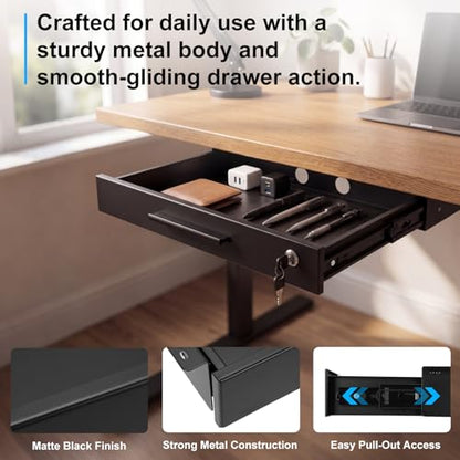 Menkxi 20'' x 9'' Under Desk Drawer Slide Out Storage Organizer, Lockable Metal Desk Drawer for Laptop and Office Accessories, Large Hidden Under Table Storage Box with Cable Management, Black - size: 20'' x 9''