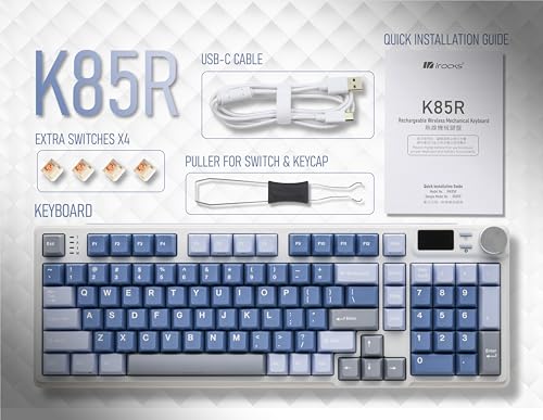 iRocks K85R Wireless RGB Backlit Mechanical Gaming Keyboard with LCD Display, Hot-Swappable Pre-lubed Switches, 98 PBT Keys, USB-C Detachable Cable (Aurora Blue, Silent Bubble Switch)