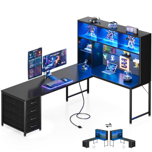 AODK 71" L Shaped Desk for Gaming and Working，Black | PC Desk with Hutch, Pegboard & Shelves, 4 Drawers, Integrated LED Light Strip & Power Outlets, Reversible - size: 71 Inch