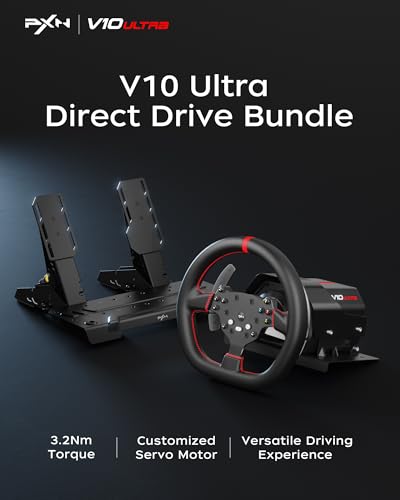 PXN V10 Ultra Direct Drive Gaming Steering Wheel for PC, PS4, Xbox – 3.2Nm Force Feedback, Servo Motor, 4 Paddle Shifters, Hall Pedals – Sim Racing Wheel for Driving Simulators and Racing Games