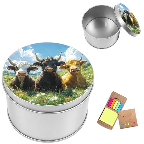 Metal Round Storage Containers Box with Lid, Metal Tins Organizer Box for Earring Jewelry Craft Trinket Keys Watch, Pasture Cow Trio Design Decorative Storage Case with Notepad - color: Pasture Cow Trio