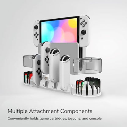 TNP Nintendo Switch Charging Dock, 4 Joy-Con Slots, 20-Card Holder, White | Joy-Con charging station for Nintendo Switch and Switch OLED with LED indicators, USB dock connection, and 4-slot capacity.