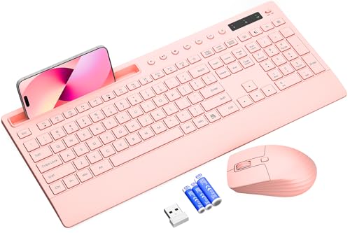 Trueque Wireless Keyboard and Mouse Combo, Full Size with Palm Rest | Quiet Typing, Phone Holder, Multimedia Keys, Power Switches, Batteries Included, 2.4GHz USB, KM31 Set for Windows, ChromeOS - color: Peach Pink