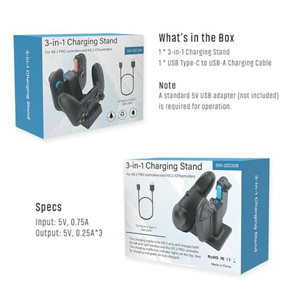 3-in-1 Charger Dock for Nintendo Switch 2 Controller | Charing for NS 2 Pro Controller 2&1 and JOYController 2, Charging Stand, LED Indicator