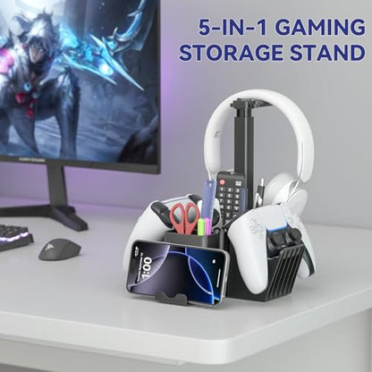 KDD Dual Controller Holder with Headphone Stand - Multi-Functional Desk Storage Box with Phone Holder - Universal Controller Stand with Desktop Organizer for Remote Control Pen Accessories(Black)