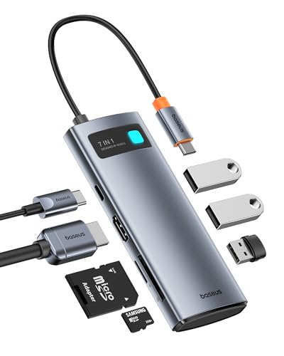 Baseus USB C to HDMI Adapter, 4K@60Hz USB C Docking Station, 7 in 1 USB C Hub with 3 USB-A, PD 100W, TF/SD Card Reader, Compatible for iPhone 15/Mac/Dell/Acer/HP/ASUS/Steam Deck/Rog Ally - size: 7 in 1