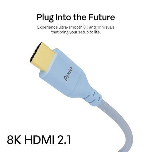 Pixio Blue 8K HDMI 2.1 Cable Ultra Certified Ultra High Speed 10FT 8K 60Hz 4K 120Hz Nylon Braided, Gold Plated Connector, Anti-Breakage, HDR10+, dtsx, eARC, HDCP, Dolby Compatible - color: Blue, size: 10 ft