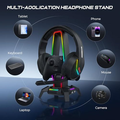 MARVO RGB Headphone Stand Data Transmission, 9 Lights Mode Headset Holder with 1 USB-C & 3 USB Ports & 1 3.5mm Jack Port, Ultimate Gaming Accessories for Gamers for PS, Xbox, PC