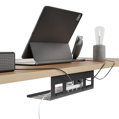 PEGZONE Under Desk Cable Management Tray, 15.7 Inches Metal Cord Organizer Rack, Desk Tray for Power Strip, Cord, Wire, Easy Mounting Cable Management Under Table for Home Office, Black - color: Black, size: 15.7"
