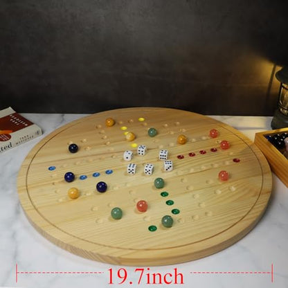 HOROW Wahoo Board Game - 20 Inch Solid Wood Board with 24 Natural Gemstone Marbles & 6 Dice，Double-Sided for 4 and 6 Players - Perfect for Family Game Nights and Parties - color: Log