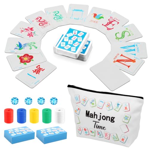 160 Pcs Mahjong Playing Cards Set American Style 3.4" x 2.2" Large Print with Storage Bag, 4 Dices, 100 Poker Chips Indicator Portable Mahjong Tiles Beginners Adults Gift for Travel Home Table