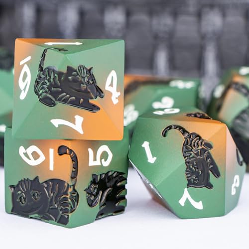 Metal DND Cat Dice 7PCS Polyhedral RPG Dice Set with Gift Case for Dungeons Dragons Role Playing Game, D and D Dice D6 D8 D10 D12 D20 D% (Orange Green) - color: Cat-orange Green&black