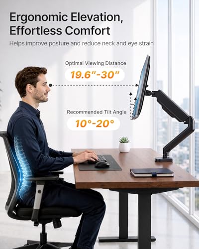 monTEK Single Monitor Arm for 17-32" Flat/Curved Screen up to 19.8 lbs | Mechanical Spring Monitor Arm, Full Motion, Height Adjustable, Alloy Steel, Easy Assembly, Clamp/Grommet, VESA 75/100mm - size: Single Arm